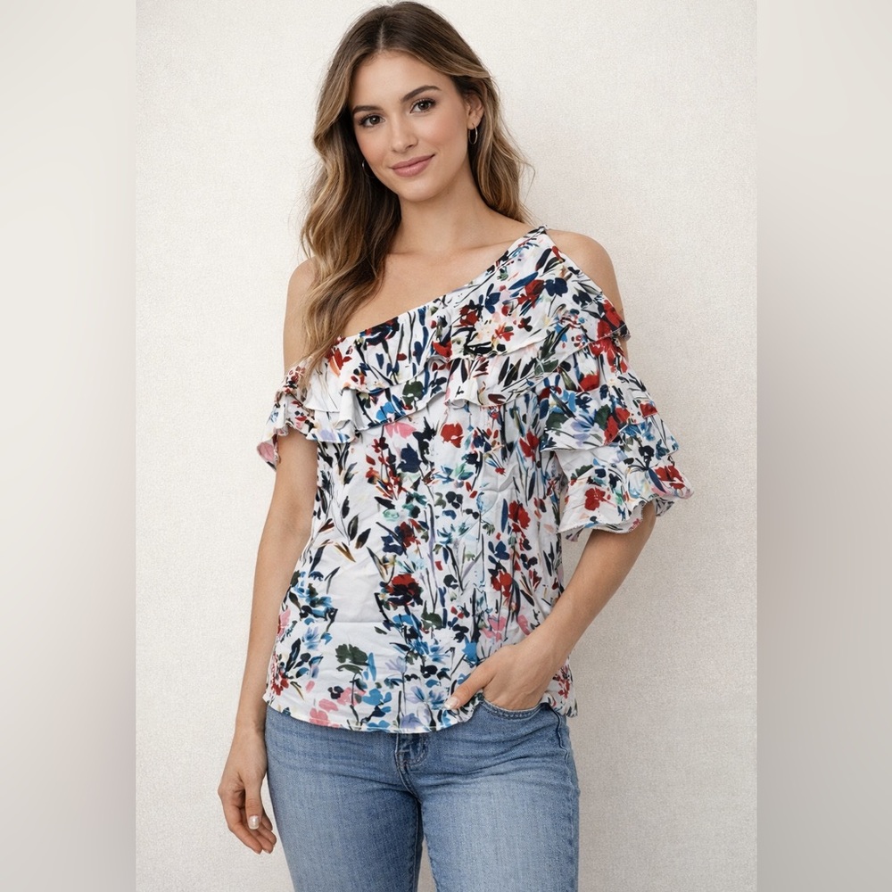 Parker Clayton Silk Blouse NWT Medium Floral One Shoulder Ruffle Top